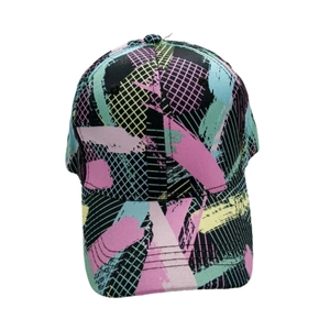 Detailed view of colorful graffiti camouflage pattern and stitching on a street baseball cap