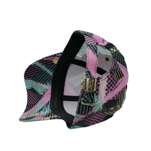 Detail view of colorful graffiti baseball cap with adjustable metal back strap and buckle