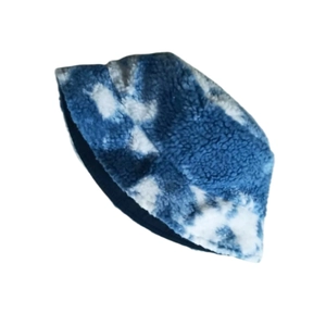 Rainbow blue and white tie-dye plush bucket hat for women with fluffy faux fur texture