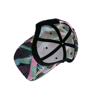 Macro detail of camouflage printed baseball cap showing interior lining and metal adjustment buckle