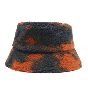 Rainbow tie-dye plush bucket hat for women in orange and grey faux shearling fleece