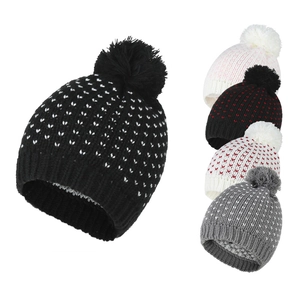 Damen Winter Strickmütze Warm Fleece Gefüttert Bommelmütze Herzmuster Lässig Outdoor Ski Slouchy Kopfbedeckung Accessoire