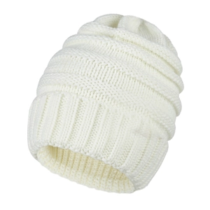 Winter white chunky knit beanie with stylish cable patterns and ribbed cuff for warm outdoor use
