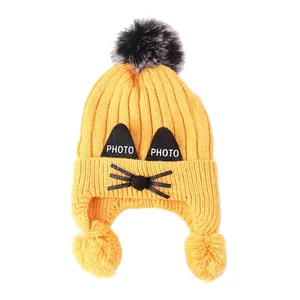 Kids Winter Warm Knit Hat Cartoon Cat Earflap Beanie With Pom Poms Thermal Faux Fur Pullover Cap For Toddler Boys Girls