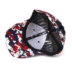 Internal view of a digital camo baseball cap with structured design and sweatband