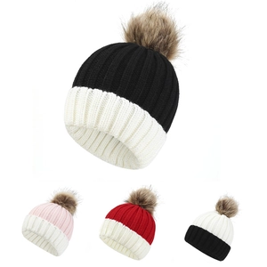 Women Winter Knitted Beanie Faux Fur Pom Pom Color Block Warm Cuffed Hat For Outdoor Daily Wear Sweet Korean Style Beanie
