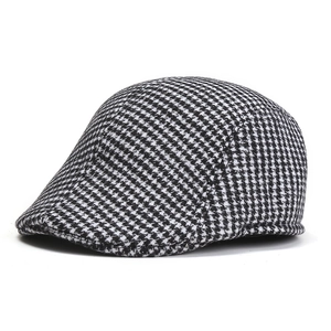 Classic black and white herringbone beret flat cap for men with premium wool texture