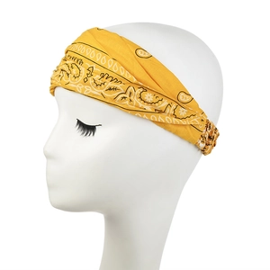 Fashionable yellow paisley headband for women with elastic stretch for yoga and sports