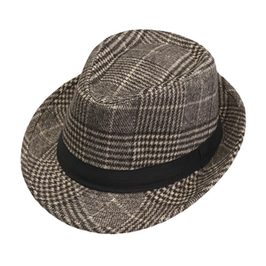 Classic British retro plaid fedora hat for men in wool blend with black grosgrain band