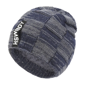 Winter thermal knit beanie for women with blue checkered pattern and warm fleece lining