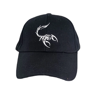 Black baseball cap with white scorpion embroidery for outdoor sun protection