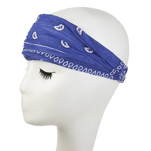 Detailed view of a dark blue paisley elastic headband worn on a model head stand