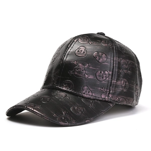 Fashionable PU leather baseball cap with purple embossed skull pattern and metallic finish