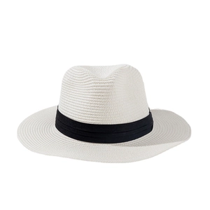 Unisex white woven straw sun hat with black ribbon band for stylish summer UV protection