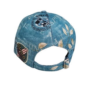 Vintage denim baseball cap with speed beach print and adjustable silver metal buckle