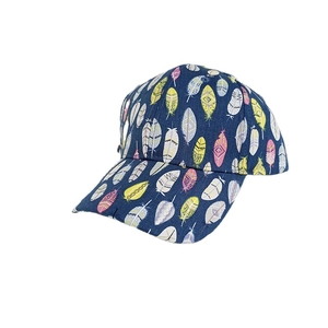 Navy blue baseball cap with colorful feather patterns and curved brim for men and women