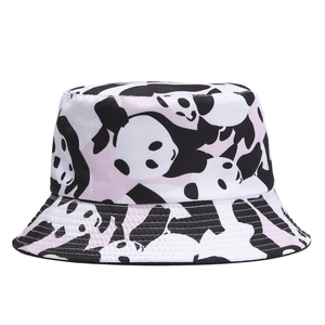 Double-sided panda print cotton bucket hat for sun protection in white and pink