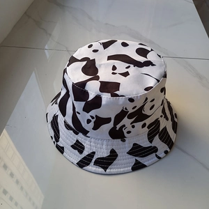 Cotton bucket hat with cartoon panda print in black and white for outdoor sun protection