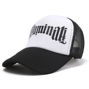 Detail view of a black and white trucker hat with gothic Illuminati print and mesh back
