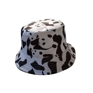 Casual black and white bucket hat featuring all-over panda prints for outdoor sun protection