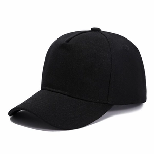 Classic black five-panel cotton baseball cap with curved brim and solid finish