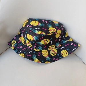 Black reversible sun hat with funny yellow pineapple prints for summer casual wear