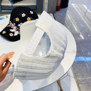 Detail of breathable white mesh baseball cap with plastic snapback closure for women