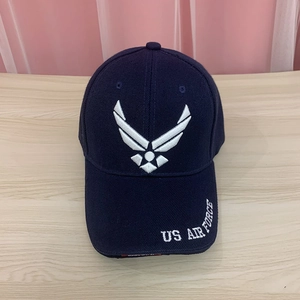 Detail of US Air Force wing embroidery and lettering on a navy blue cotton baseball cap