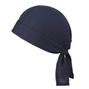 Detail of navy blue pirate headscarf with wide folded brim and adjustable straps