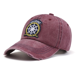 Vintage washed burgundy cotton baseball cap with Marine embroidery and distressed details