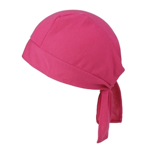 Detail view of stitching and tie-back straps on magenta breathable cycling bandana