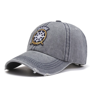 Washed cotton baseball cap in grey with Marine embroidery and distressed torn brim