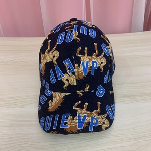 Vintage style black cotton baseball cap with blue letter print and brown horse patterns