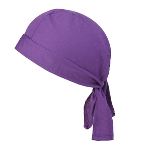 Detail of purple cycling bandana showing the breathable fabric texture and long straps