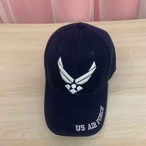 Detailed close-up of embroidered US Air Force wings on a navy blue cotton baseball cap