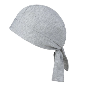 Close-up of grey knit cycling bandana cap showing premium fabric texture and tie straps