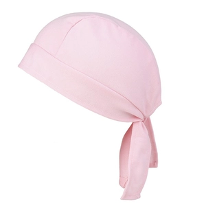 Detailed close-up of pink cotton cycling bandana featuring soft fabric texture and back ties