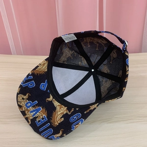 Detailed view of the navy baseball cap interior showing stitching and brand label