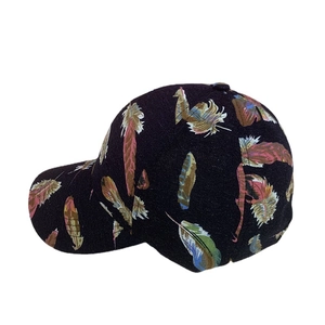 Unisex black baseball cap featuring vibrant multi-color feather prints and curved brim