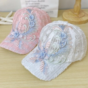 Women Lace Floral Baseball Cap 3D Embroidery Artificial Pearls Breathable Mesh Sun Protection Hat French Romantic Summer Outdoor Cap