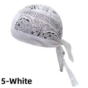 Detailed view of white paisley pattern on lightweight bandana skull cap fabric