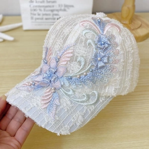Women's white floral lace baseball cap with pastel 3D embroidery and bead detailing
