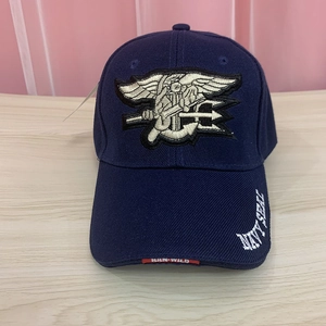 Tactical Navy SEALs navy blue baseball cap with premium embroidery on wooden table