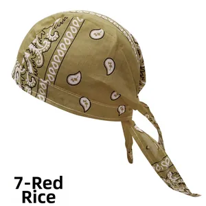 Detail of khaki paisley doo-rag headscarf with adjustable back ties and premium stitching