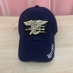 Close-up of Navy Seal tactical baseball cap featuring detailed military crest embroidery