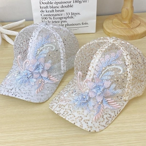 Women Sequin Lace Mesh Baseball Cap 3D Flower Embroidery Bead Artificial Pearl Breathable Sun Hat Elegant Lady Sweet Adjustable Hat