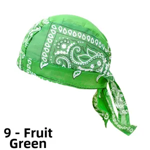 Detail of fruit green paisley pirate headscarf with adjustable back straps and tie