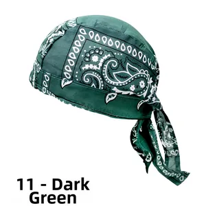 Detail view of cotton teal green paisley pirate headwrap with adjustable rear ties