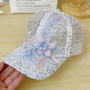 Elegant white lace floral baseball cap with shimmering silver sequins and pearl accents