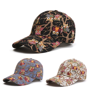 Three-pack owl print baseball caps in black, blue, and beige for stylish outdoor sun shade